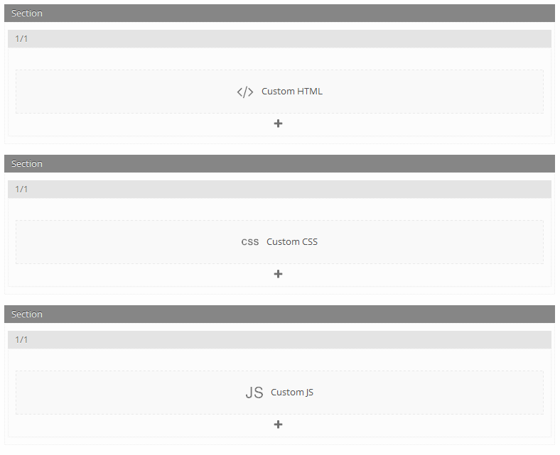 Web editor showing Custom HTML, CSS, JS sections